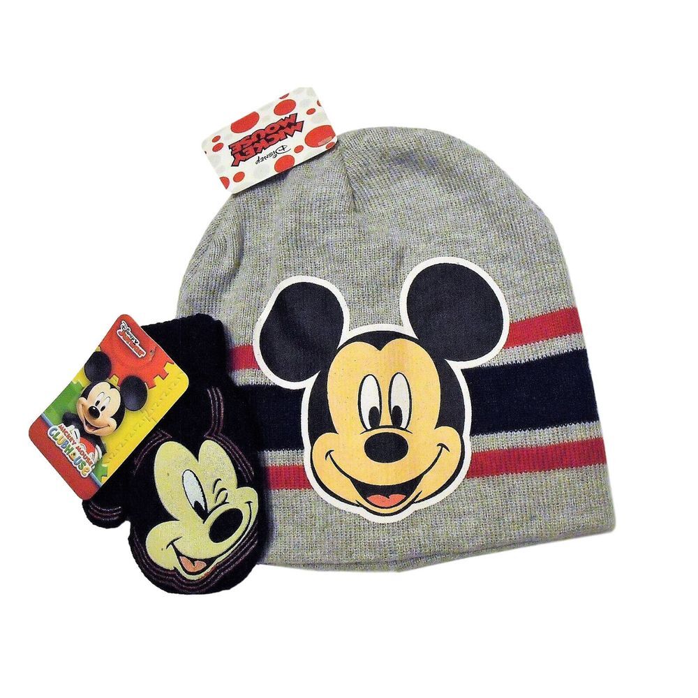 Mickey Mouse Grey Toddler‎ Knit Beanie Winter Hat Mickey Black Mittens NWT